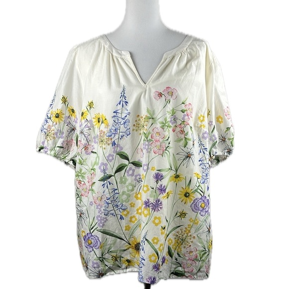 Talbots Popover Spectacular Floral Top Sz 2X Puff Short Sleeve Splitneck Cotton - Picture 1 of 13